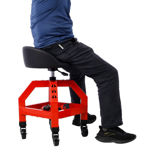 Shopi Vella mechanics rolling creeper seat in red with black cushioned seat and smooth caster wheels