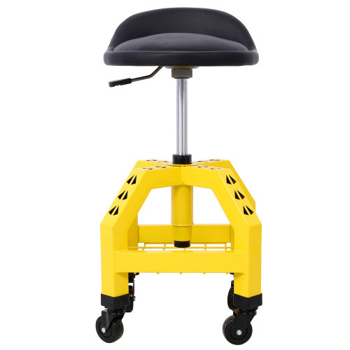 Shopi Vella yellow mechanics rolling creeper seat with black cushioned adjustable height seat and four wheels
