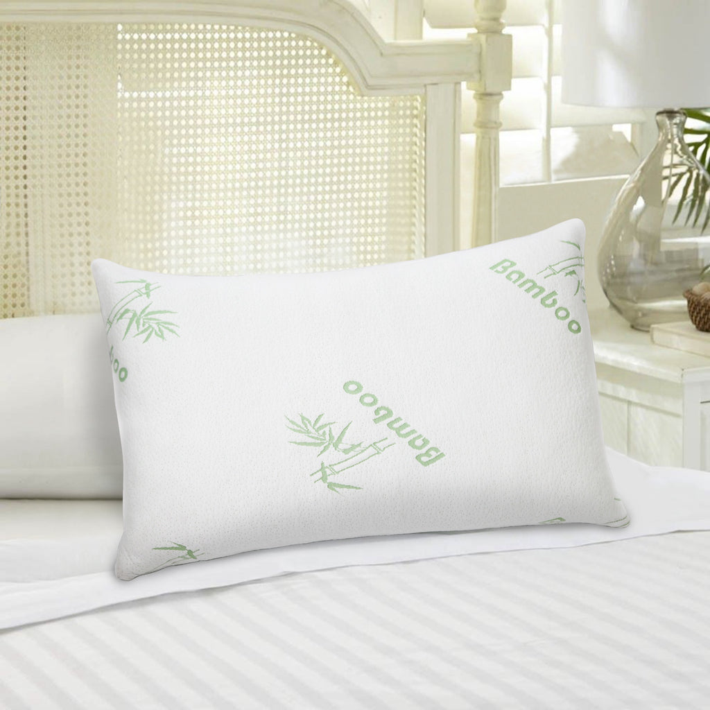 Shopi Vella pillow case on bamboo memory foam pillow with green bamboo print on white fabric
