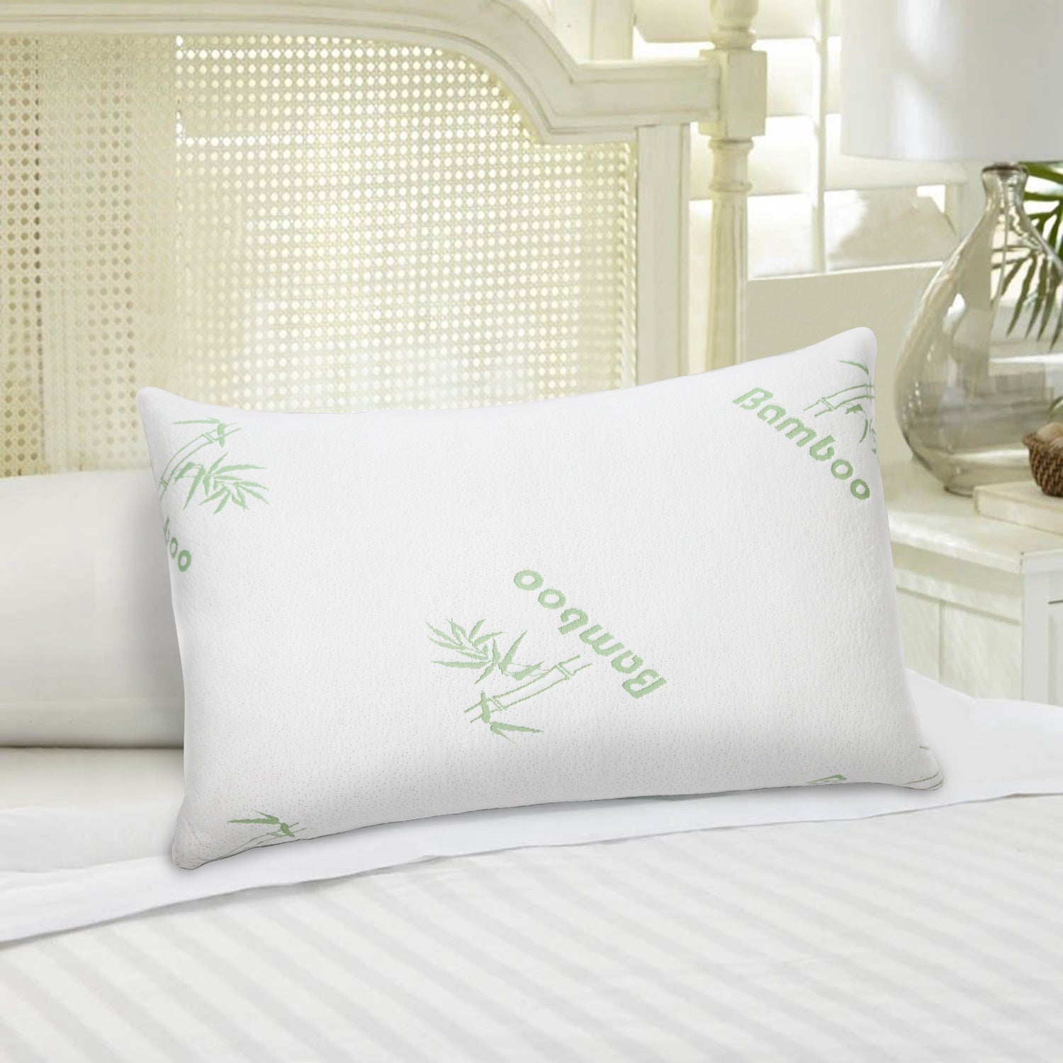 Shopi Vella pillow case on bamboo memory foam pillow with green bamboo print on white fabric