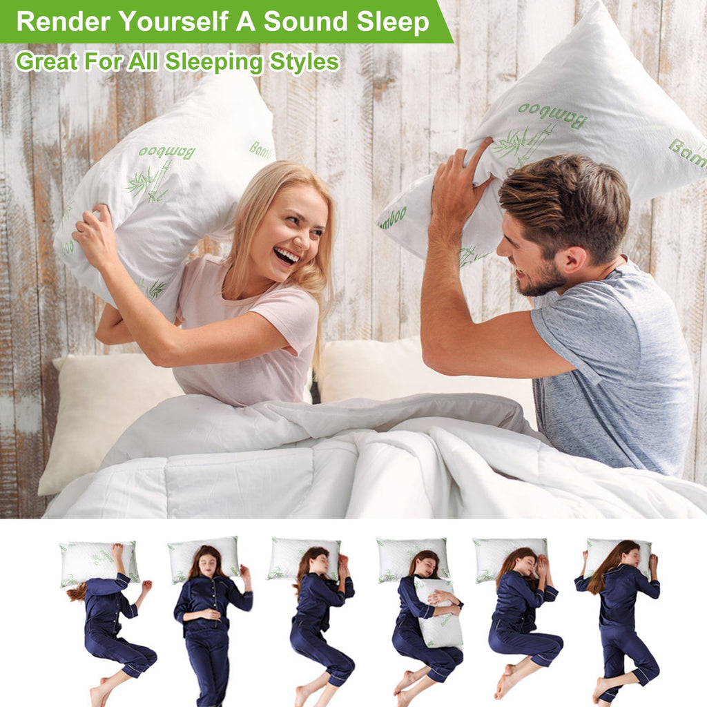 Shopi Vella bamboo memory foam pillow case with soft breathable fabric shown in playful pillow fight and various sleep positions