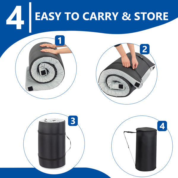 Memory foam mattress topper being rolled, folded, and stored in a compact black carrying case