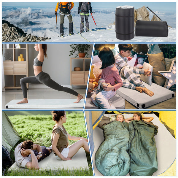 Memory foam mattress topper shown in various settings including yoga, camping, and family use for comfort