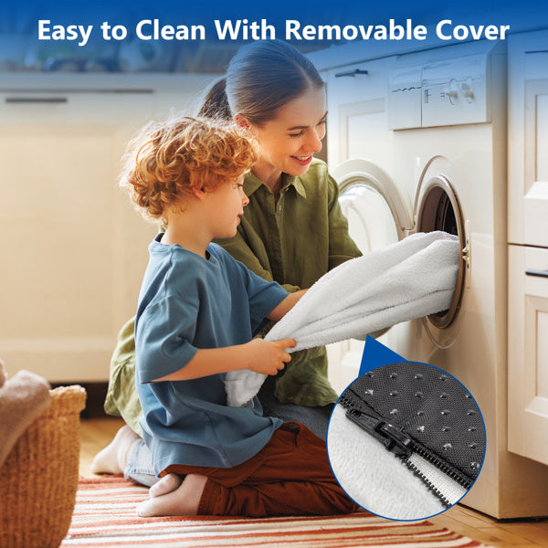Child and woman washing removable cover of memory foam mattress topper in washing machine