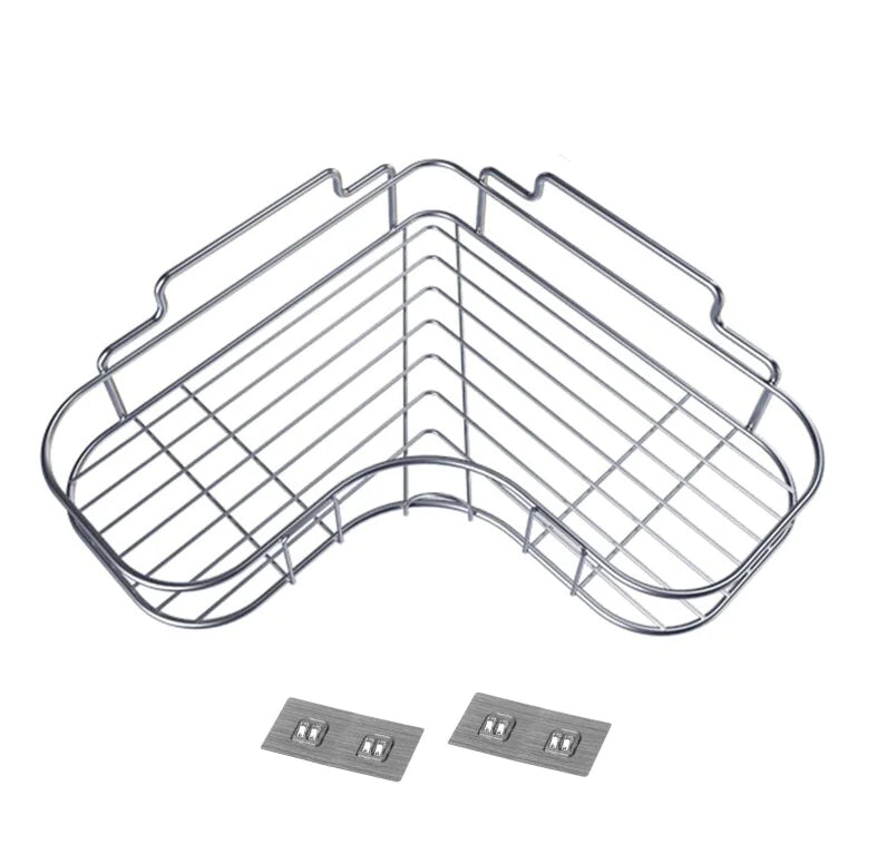 Silver metal corner shower caddy shelf with adhesive mounting strips for bathroom storage