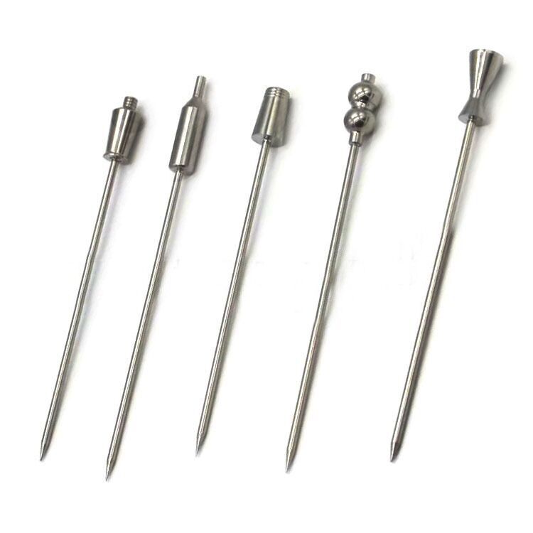 Set of five stainless steel fancy cocktail picks for parties with unique decorative tops