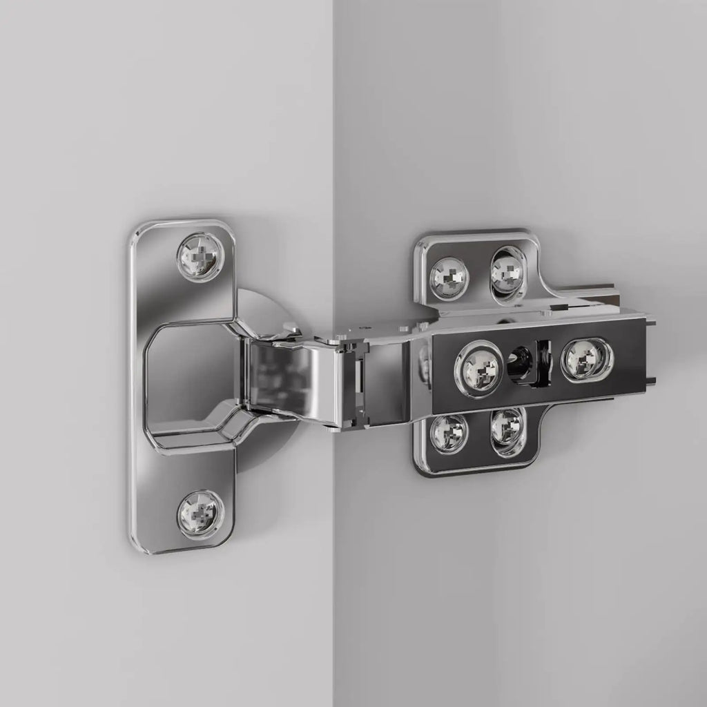 Close-up of metal hinge hardware used for wall mounted bathroom shelves installation