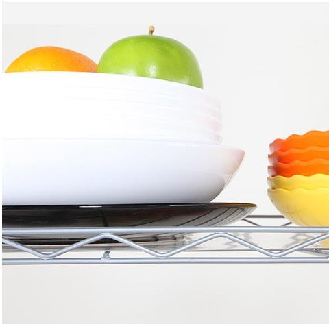 Shopi Vella kitchen organizer shelf holding white plates with fruit and colorful bowls for kitchen storage