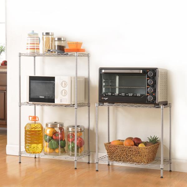 Shopi Vella metal kitchen organizer shelf with jars, microwave, toaster oven, and storage baskets