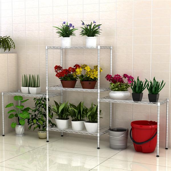 Shopi Vella metal kitchen organizer shelf with multiple tiers holding plants and storage containers