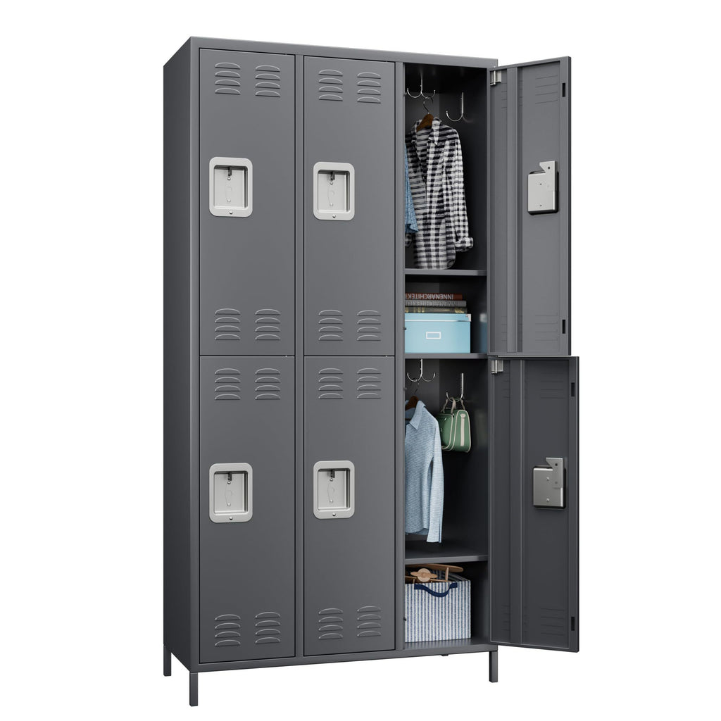 Shopi Vella gray metal lockers for employees with six compartments, two doors open showing hanging clothes and storage boxes