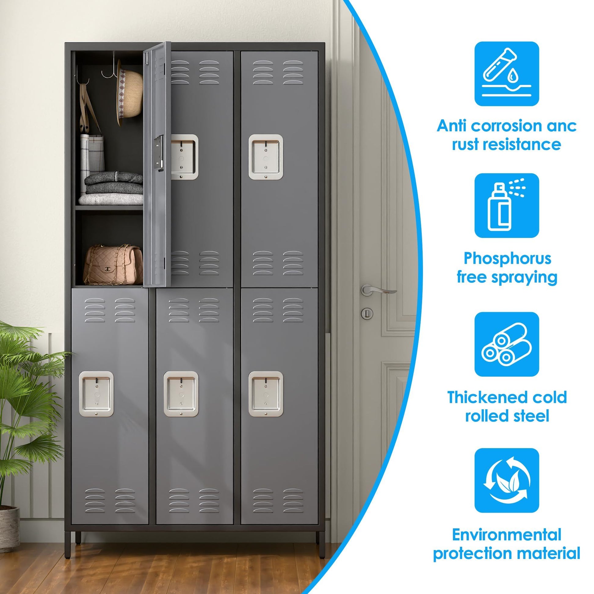 Shopi Vella metal lockers for employees with six compartments in gray steel for clothing and storage