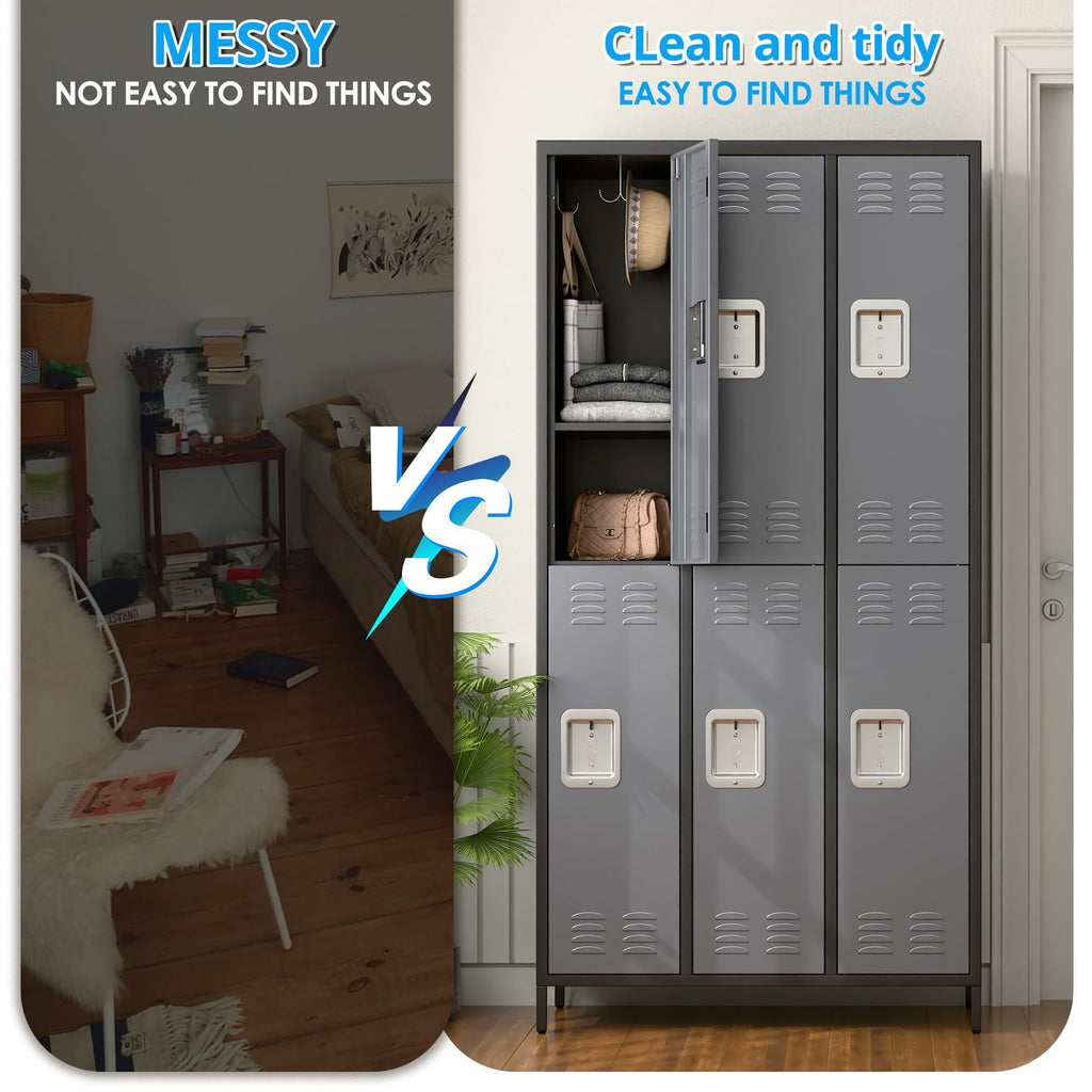 Shopi Vella gray metal lockers for employees organized and clean with open compartments showing bags and clothes
