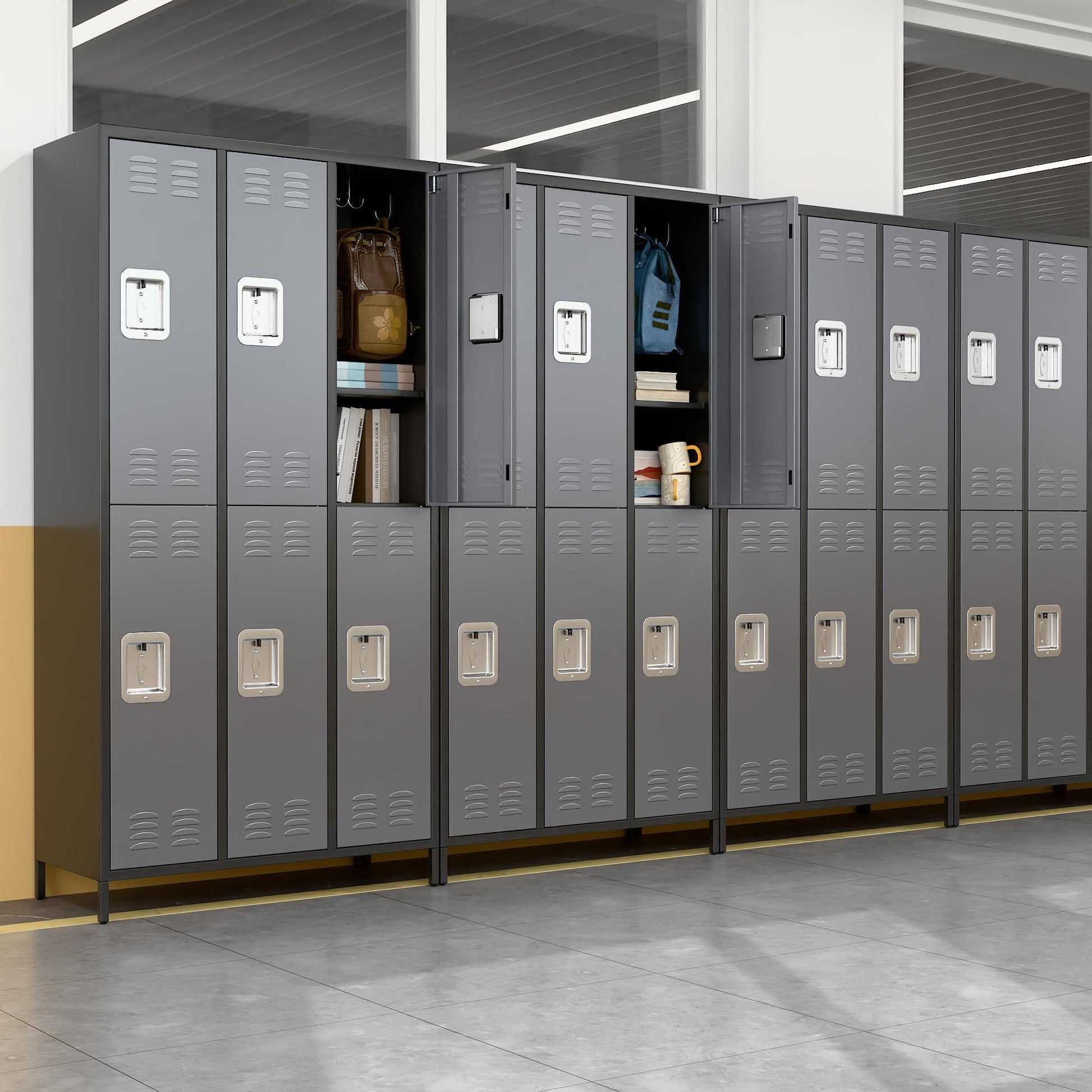 Shopi Vella gray metal lockers for employees with double doors and built-in locks in a modern workspace