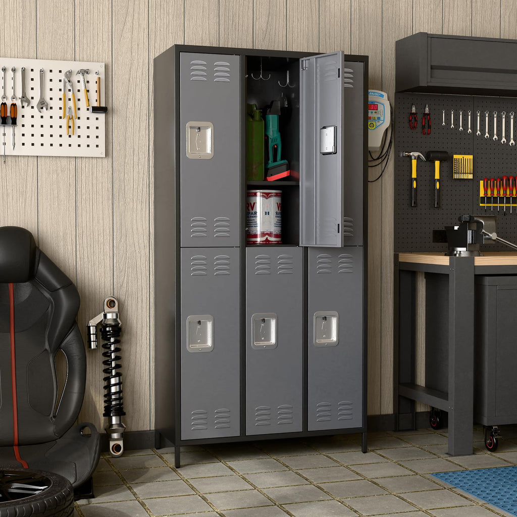 Gray metal lockers for employees with multiple compartments in a garage storage area by Shopi Vella