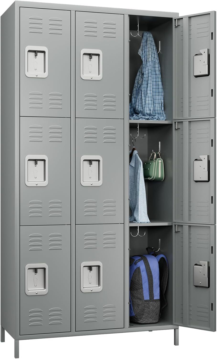Shopi Vella gray metal lockers for employees with multiple compartments and open doors showing hanging clothes and bags