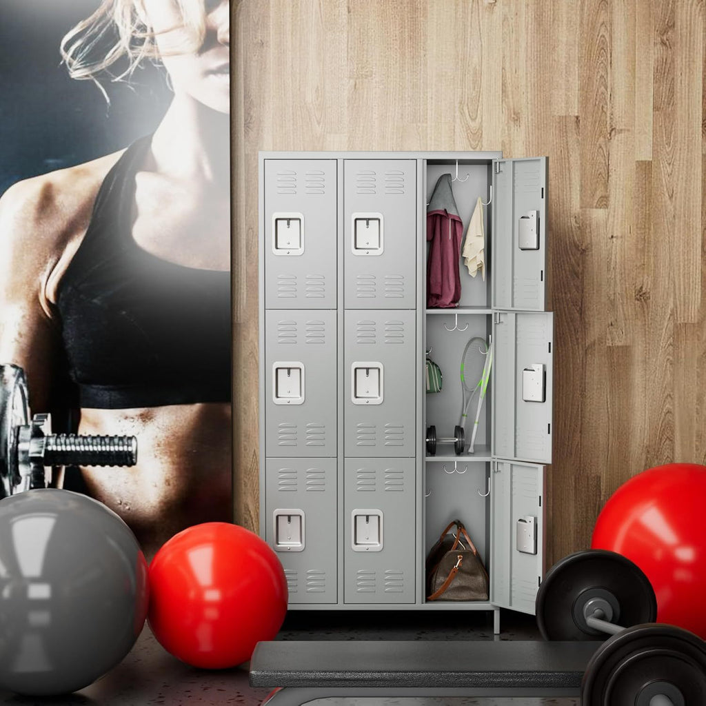 Shopi Vella metal lockers for employees in gym setting with open compartments holding clothes and bags