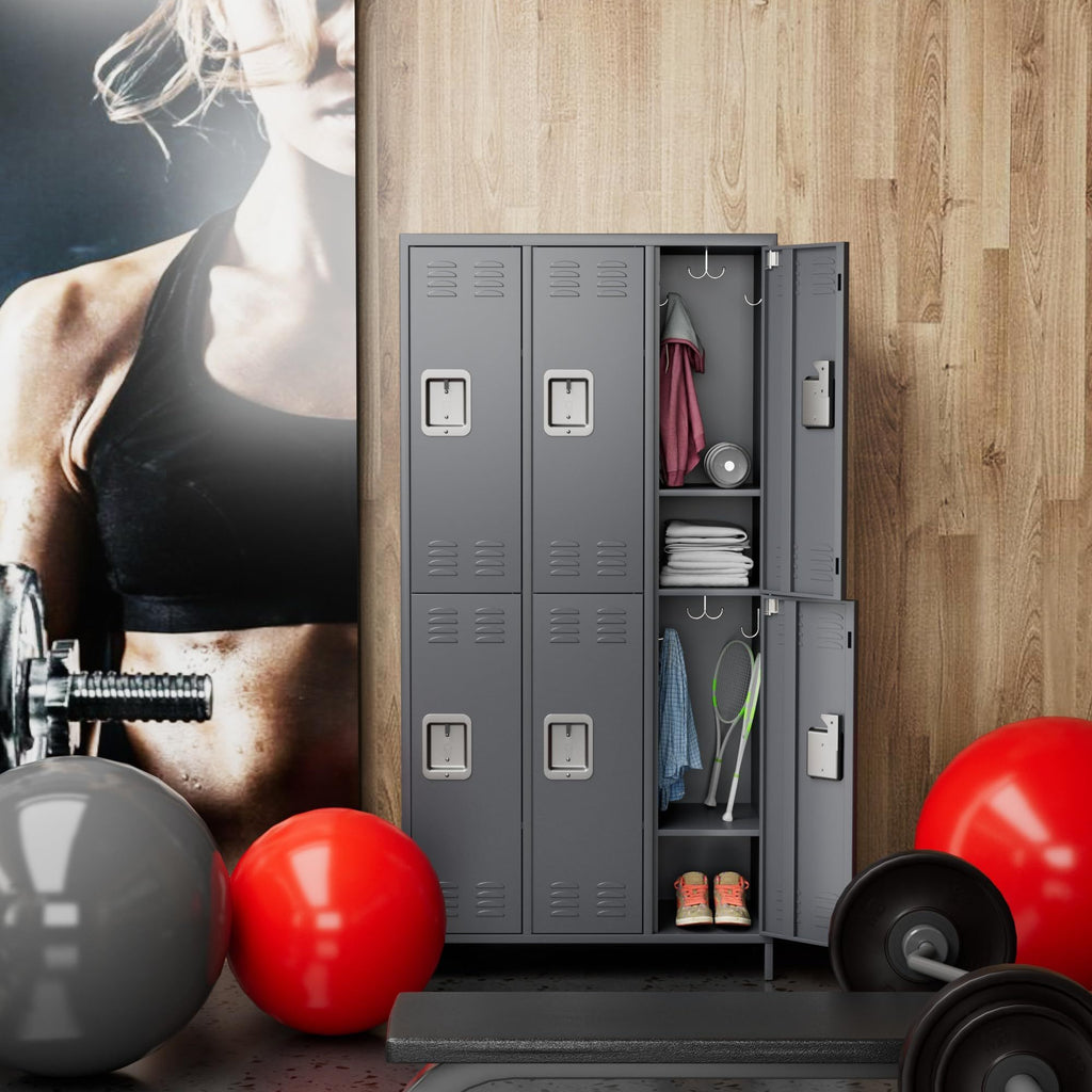 Shopi Vella metal lockers for employees in gym setting with open compartments showing clothes and gear