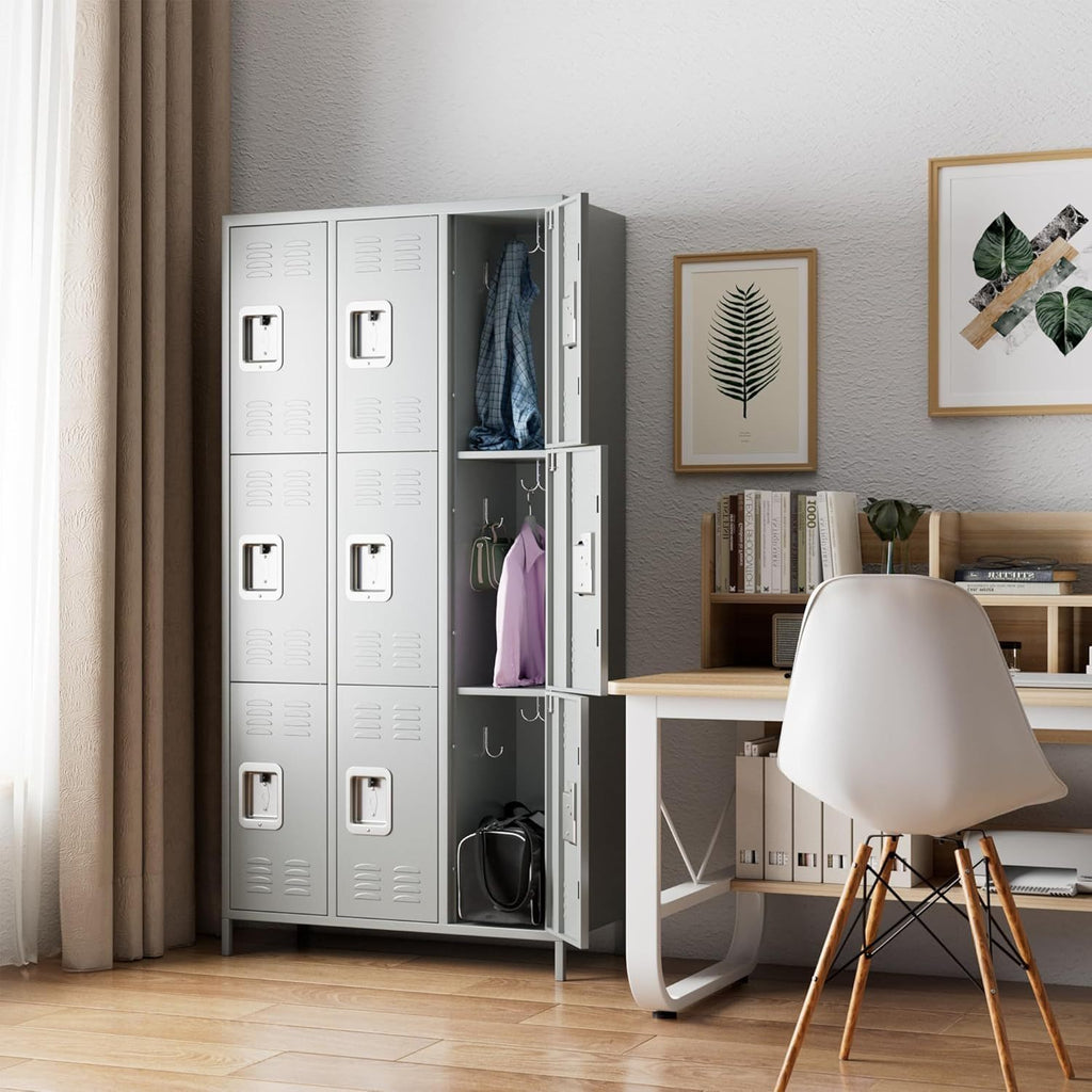 Shopi Vella metal lockers for employees in a modern office with coats, bags, and workspace