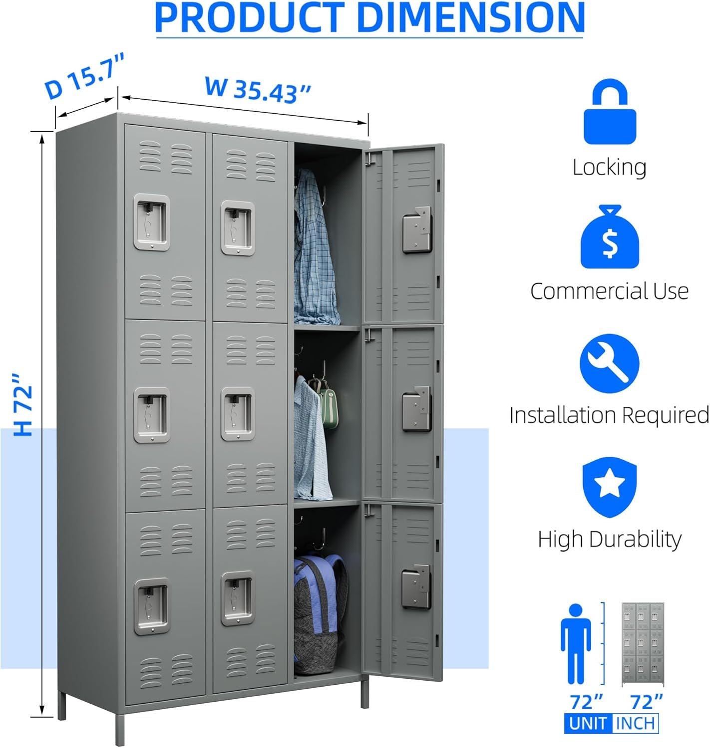 Gray metal lockers for employees with three compartments, locking doors, and commercial use durability