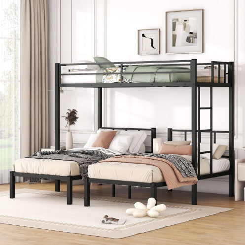 Shopi Vella metal twin xl bunk bed black with lower twin beds in a bright bedroom setup