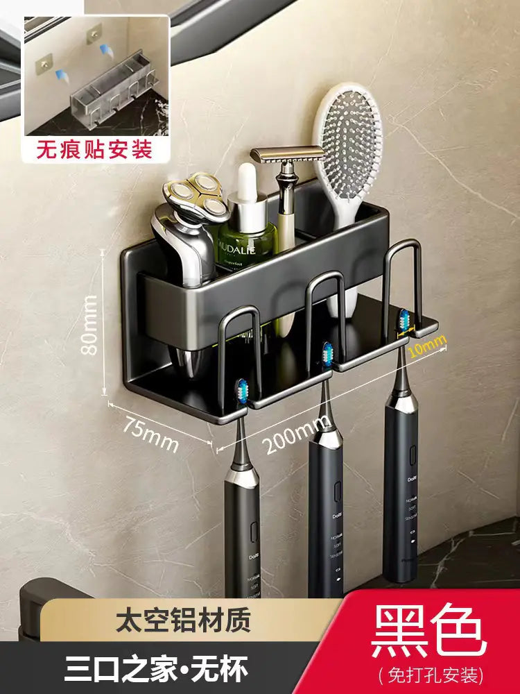 Black wall-mounted toothbrush holder with three hooks and storage compartment for bathroom essentials