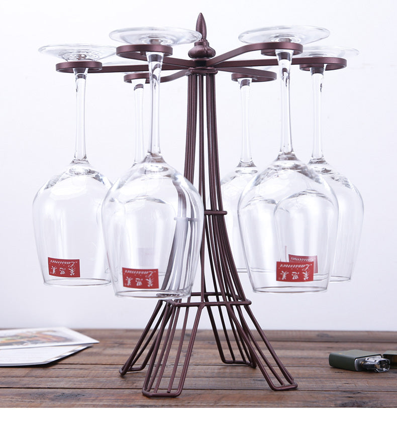 My Store metal wine glass holder rack with six hanging wine glasses on wooden table