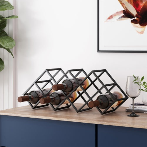 Shopi Vella black metal wine storage organizer holding six bottles on wooden countertop