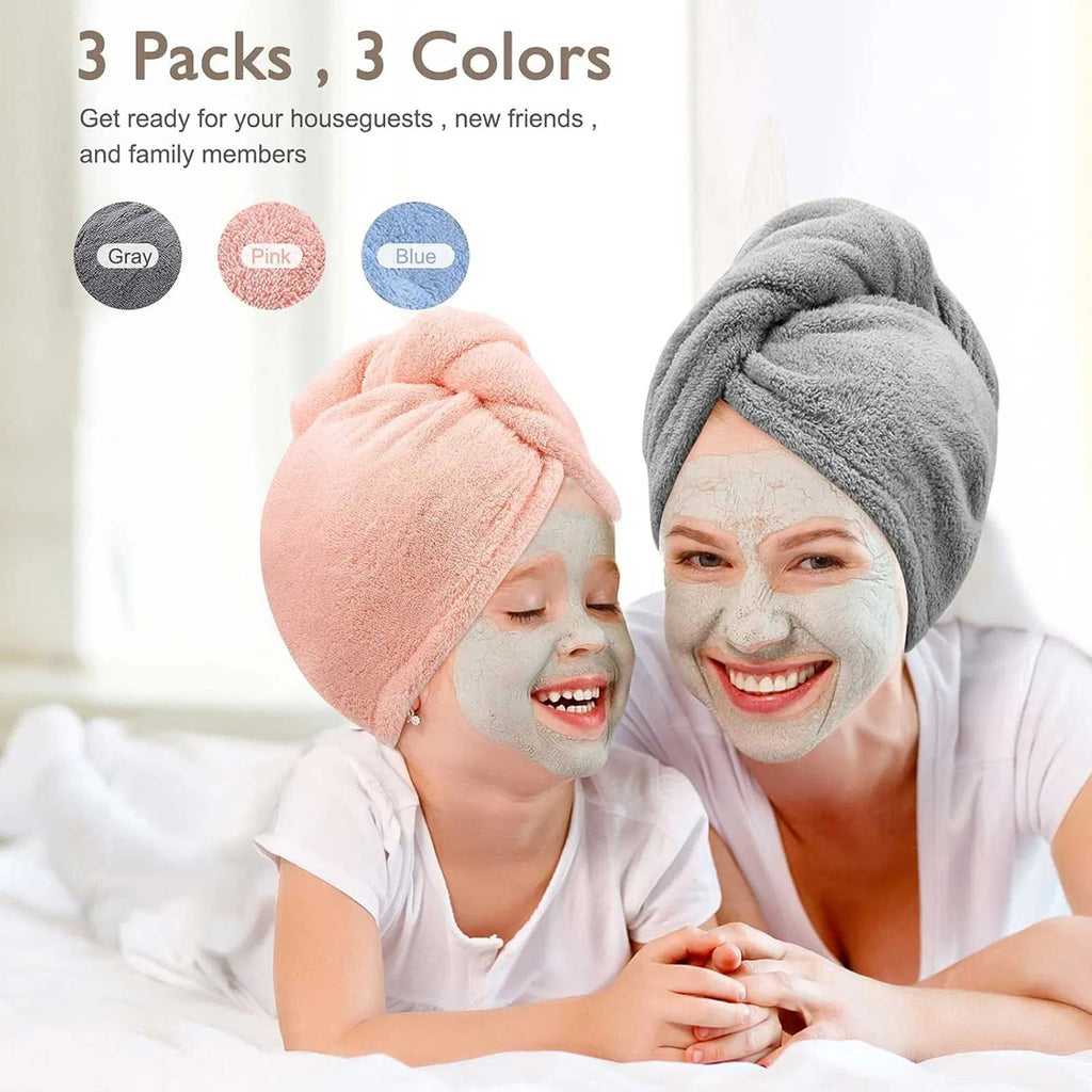 Shopi Vella microfiber hair towel wrap for women in gray, pink, and blue colors worn by mother and daughter with face masks