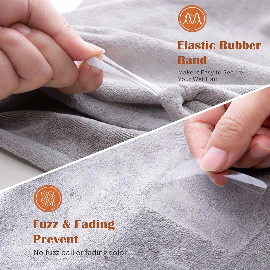 Shopi Vella microfiber hair towel wrap for women showing elastic rubber band and fuzz fading prevent features
