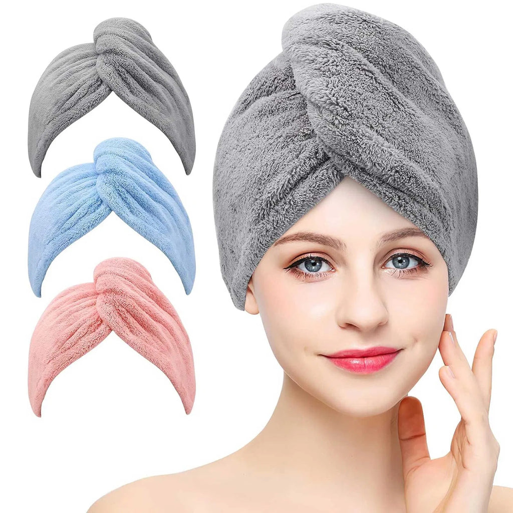 Shopi Vella microfiber hair towel wrap for women in gray pink and blue colors shown on woman