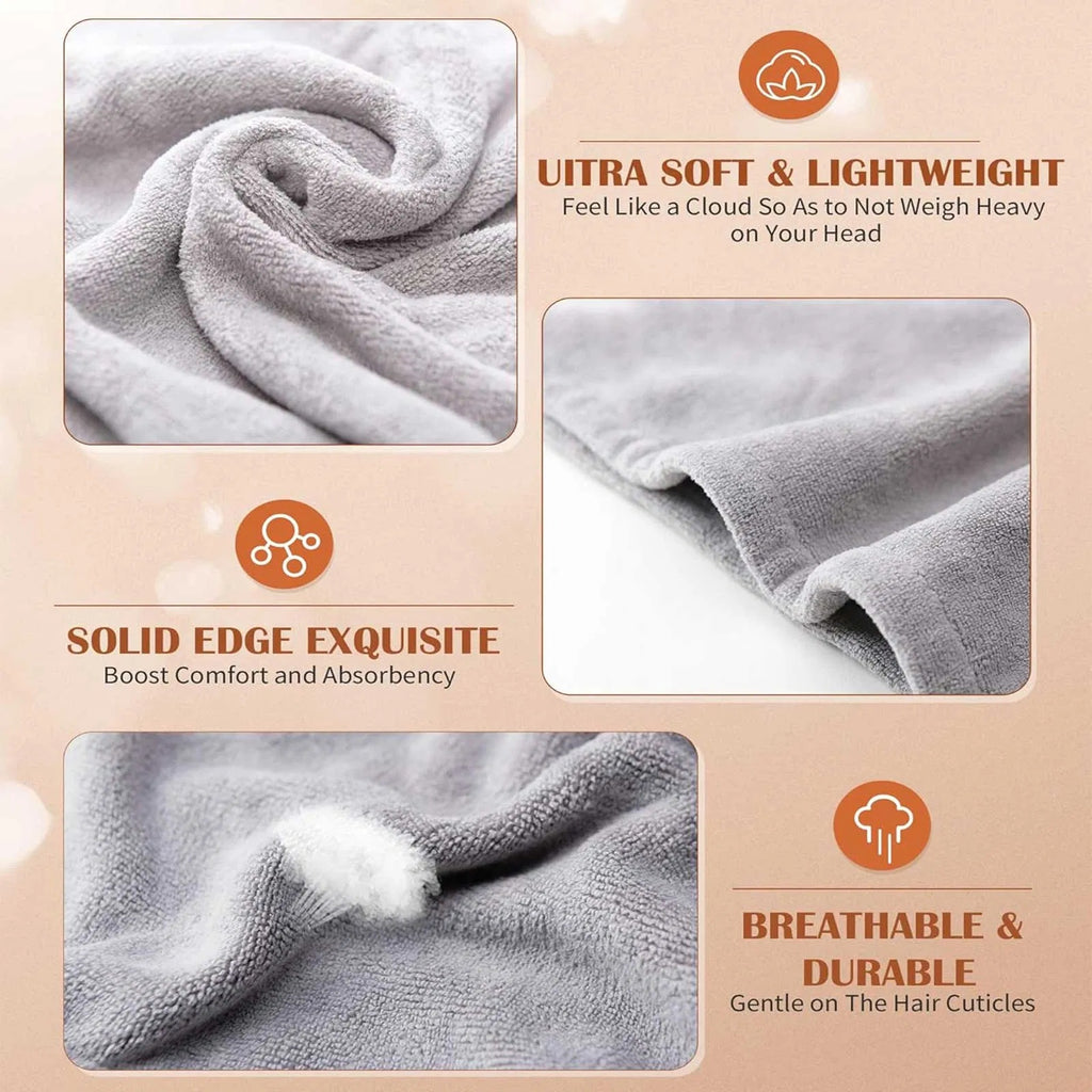 Shopi Vella microfiber hair towel wrap for women in gray showing soft fabric texture and breathable durable design