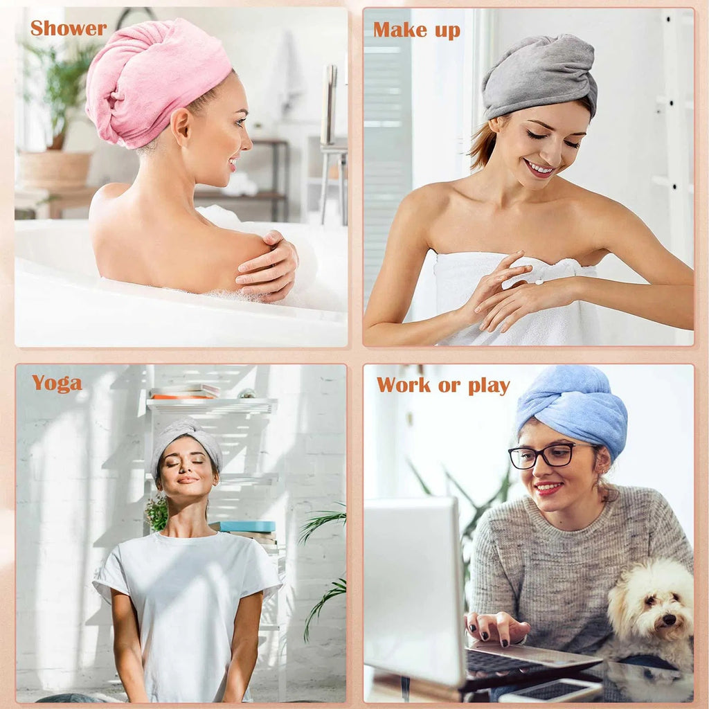 Women using Shopi Vella microfiber hair towel wrap for women in various daily activities like shower, makeup, yoga, and work