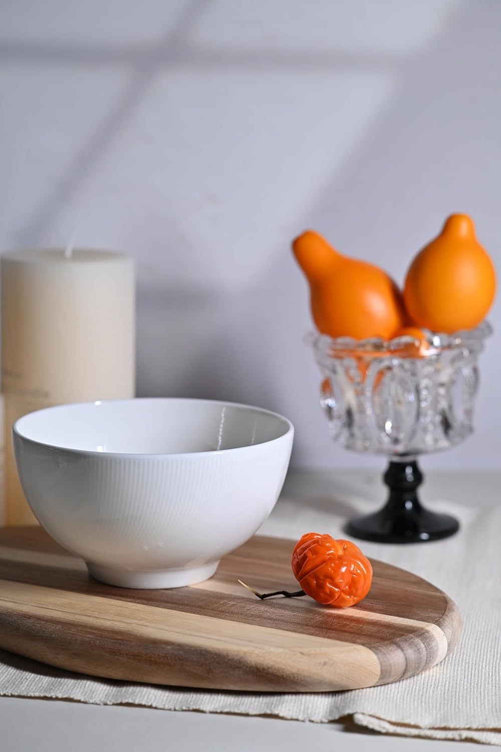Shopi Vella white bowl on wooden board featuring microwave and dishwasher safe dinnerware