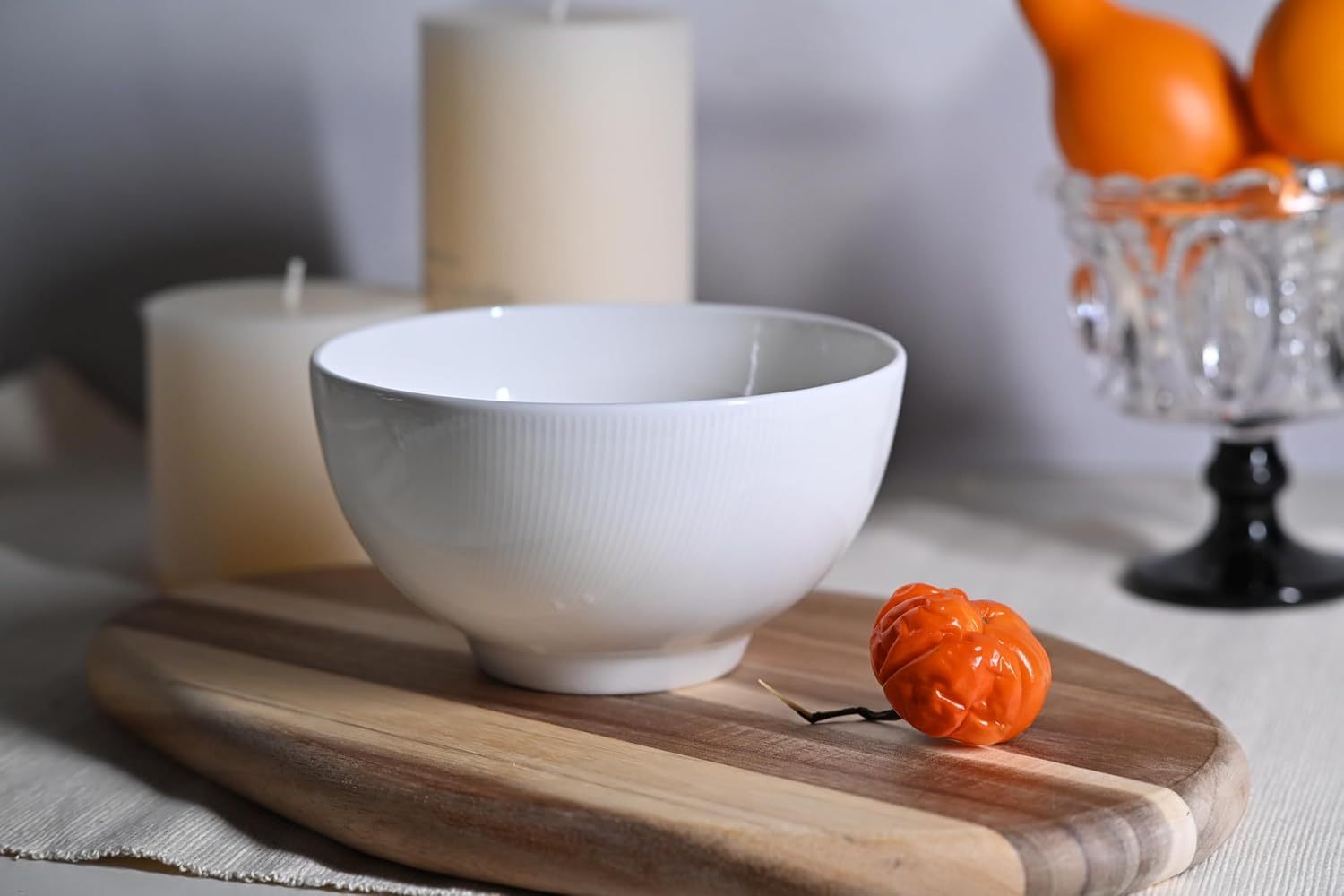 Shopi Vella white ceramic bowl on wooden board with microwave and dishwasher safe dinnerware