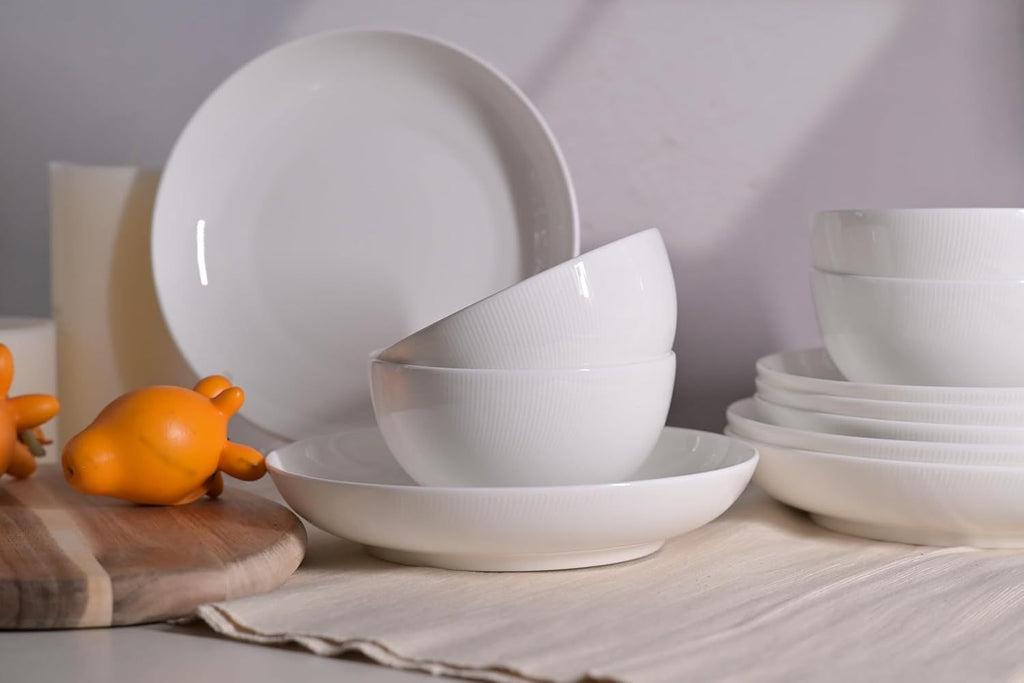 Shopi Vella white ceramic microwave and dishwasher safe dinnerware set with plates and bowls