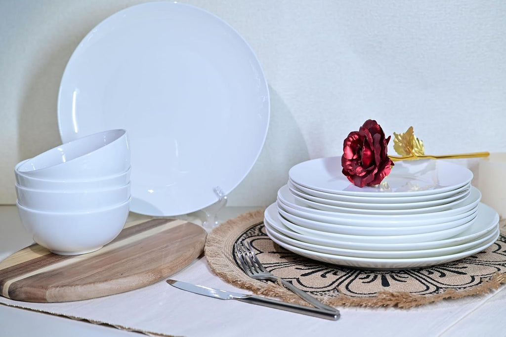 Shopi Vella white ceramic microwave and dishwasher safe dinnerware set with plates and bowls
