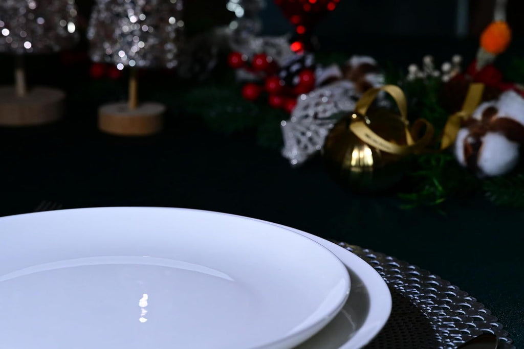Shopi Vella microwave and dishwasher safe dinnerware set with white plates on festive table