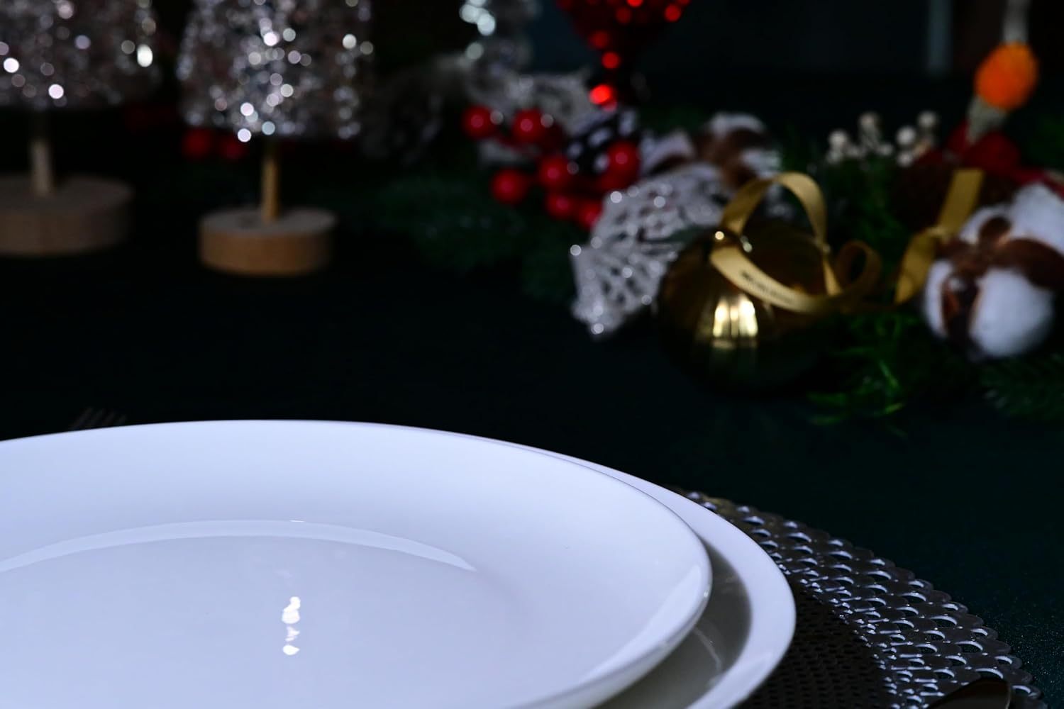 Shopi Vella microwave and dishwasher safe dinnerware set with white plates on festive table