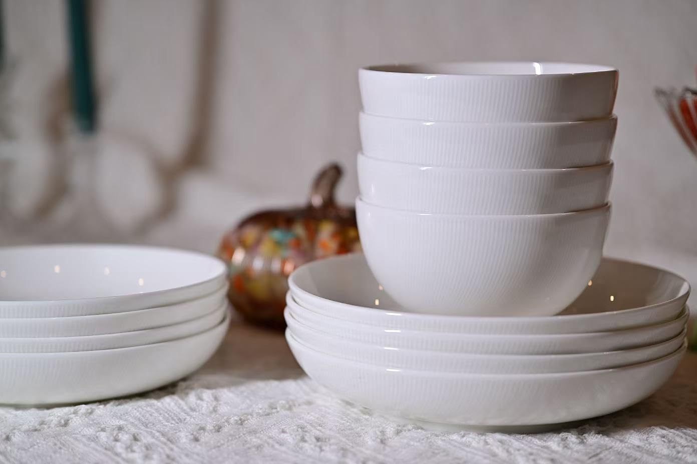 Shopi Vella white dinnerware set including bowls and plates microwave and dishwasher safe dinnerware