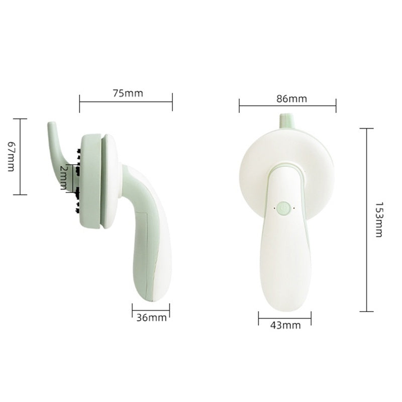 Shopi Vella mini desktop vacuum cleaner in white and green showing side and front views with dimensions