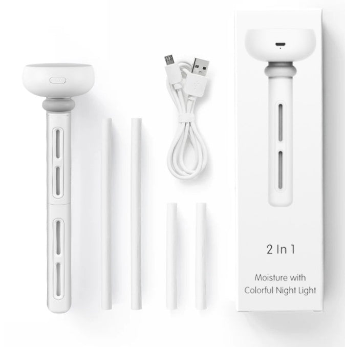Shopi Vella white mini USB humidifier with USB cable and replacement wicks for home storage