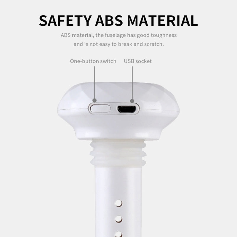 Close-up of white mini USB humidifier showing one-button switch and USB socket in ABS material
