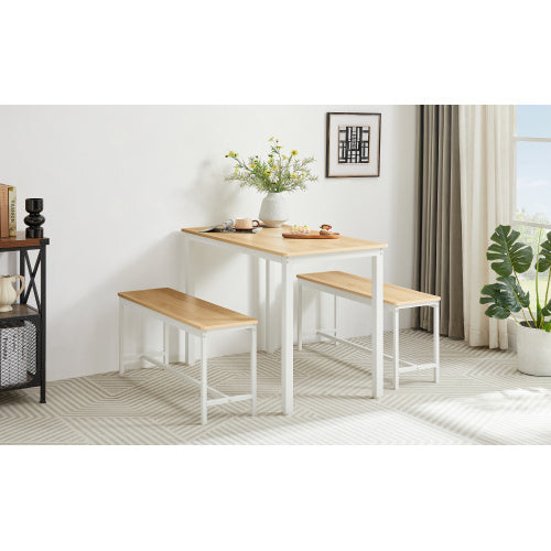 Shopi Vella kitchen table counter with chairs set featuring light wood tops and white metal frames in a bright room