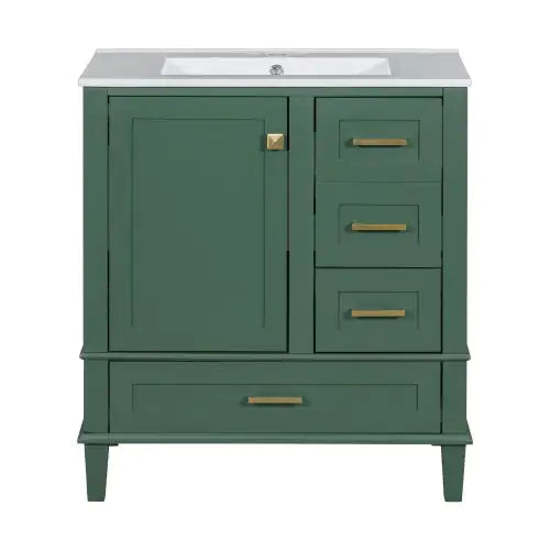 Modern bathroom cabinet with storage in green featuring white countertop and multiple drawers