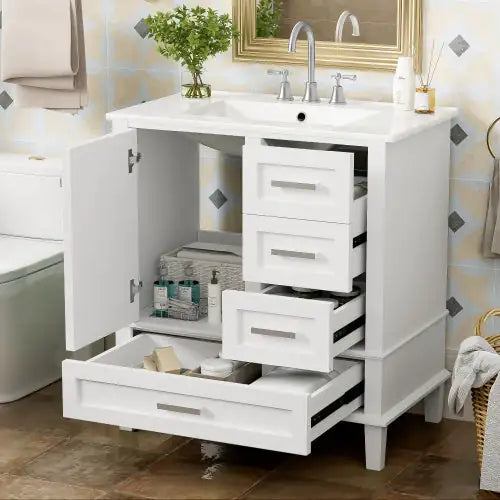 White modern bathroom cabinet with storage featuring multiple drawers and an open door beneath a sink