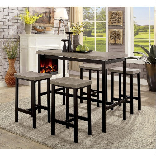 Modern black and gray dining table set with four stools in cozy living room setting