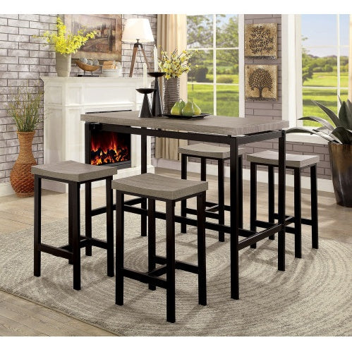 Shopi Vella modern black and gray dining table set with four stools in a cozy living room