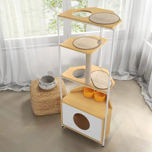 Modern cat furniture with feeding station featuring multiple scratching pads and feeding bowls