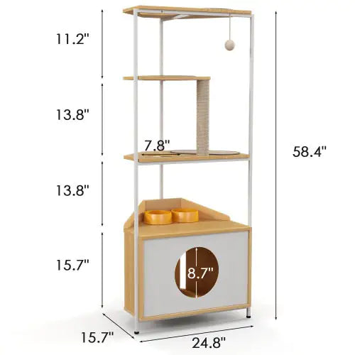 Modern cat furniture with feeding station featuring multiple shelves and built-in feeding bowls